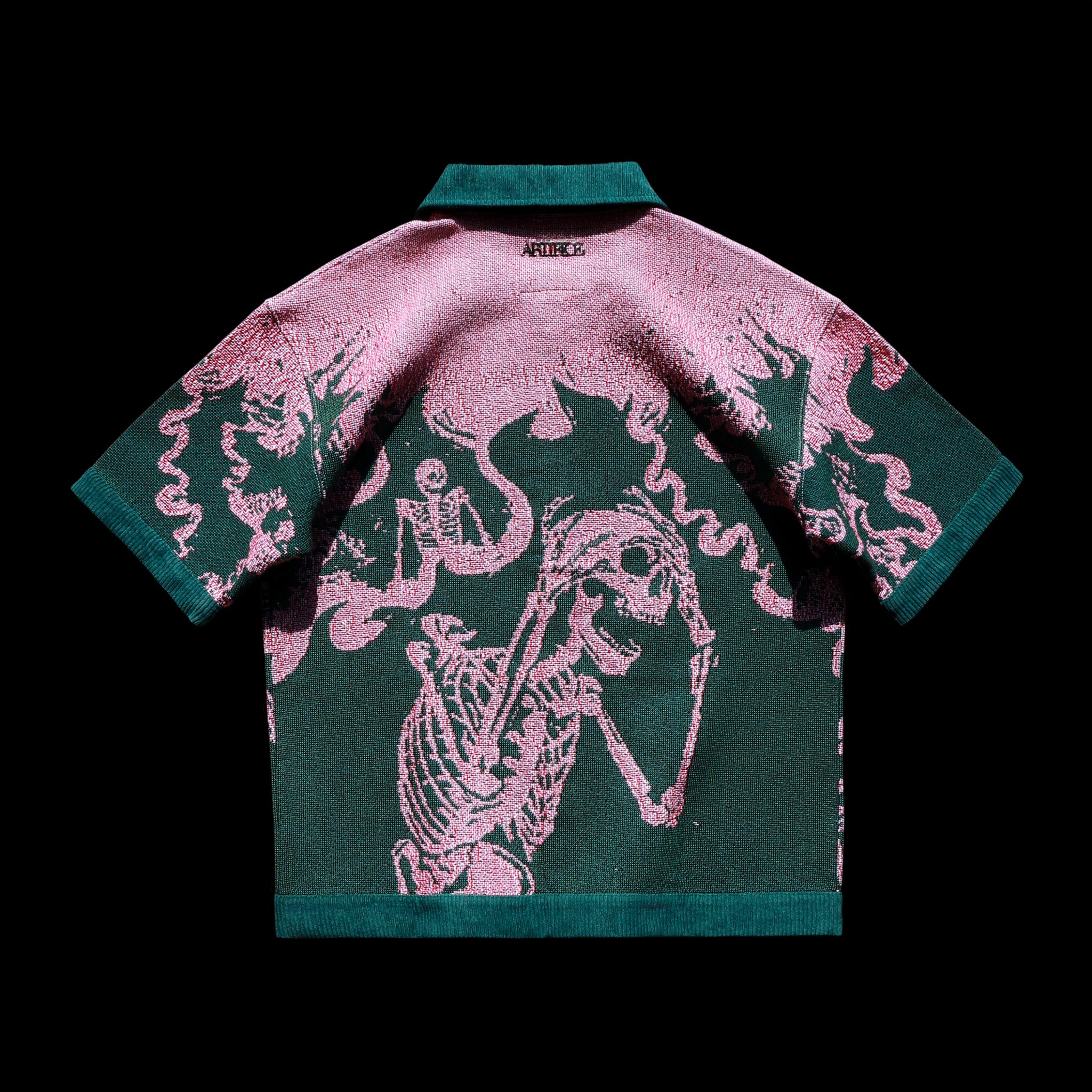 Artifice Flaming Skeletons tapestry shirt, wearable art streetwear piece