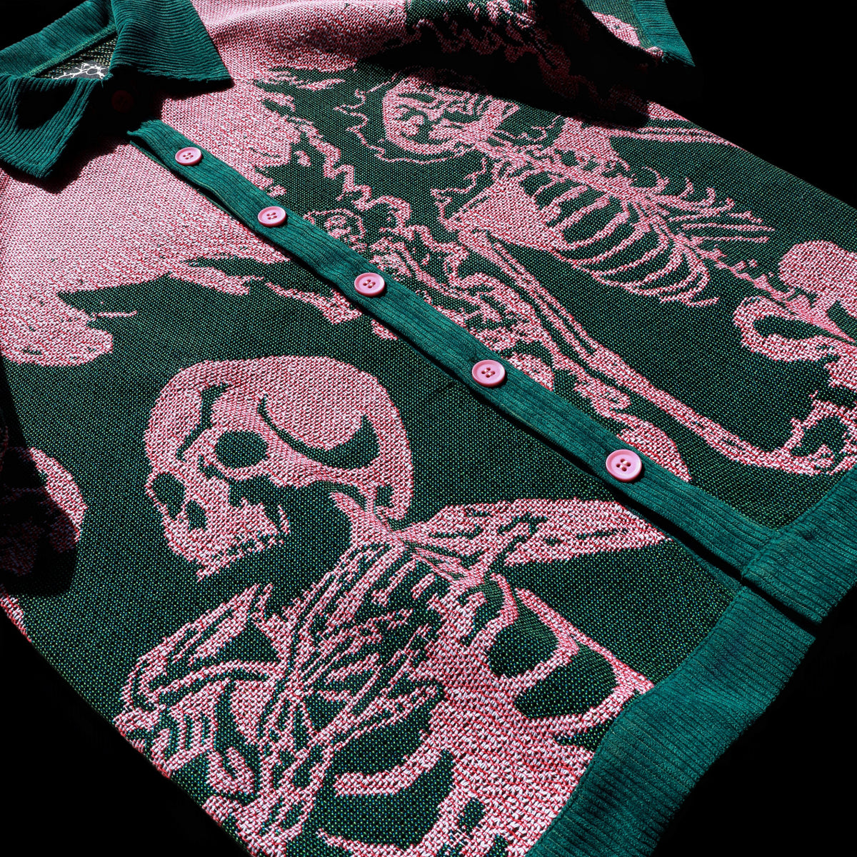 Artifice Flaming Skeletons 100% cotton tapestry shirt with woven skeleton artwork